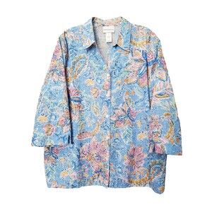 Alfred Dunner Cotton Blend Multicolor Floral Print 3/4 Sleeve Button-Up Shirt XL